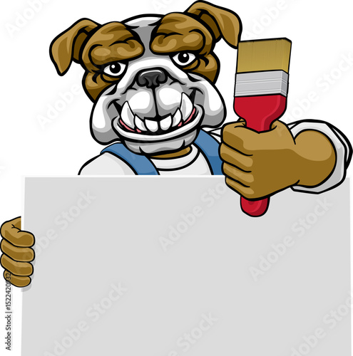 A bulldog painter decorator handyman cartoon construction man mascot character holding a paint brush tool