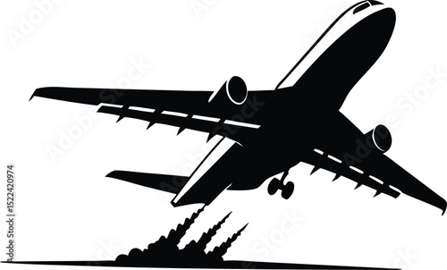 Jet Airplane Ascending Silhouette with Smoke Trails During Takeoff From Runway Art