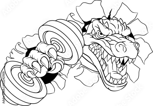 A crocodile, dinosaur or alligator lizard weight lifting trainer, exercise or body building gym cartoon sports mascot holding weights dumbbell