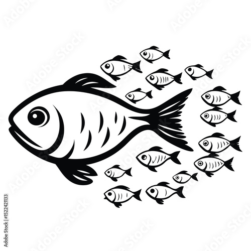 Black & White Fish School Icon | Isolated, Minimalist Illustration, Nautical Theme, Outline