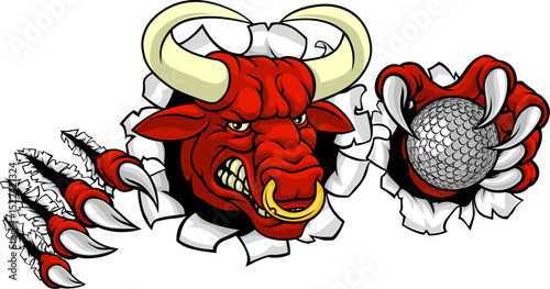 A bull or Minotaur monster longhorn cow angry mean golf mascot cartoon character.