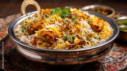A High Resolution image of spicy chicken biryani cuisine in a shiny silver bowl, authentic Indian food, serving fancy food in a restaurant.