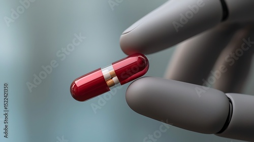 Robotic Hand Carefully Holding a Red Capsule Pill Medicine Treatment