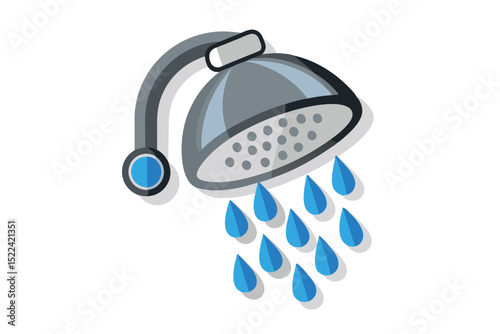 Modern Grey Shower Head Illustration with Flowing Water Droplets on a White Background