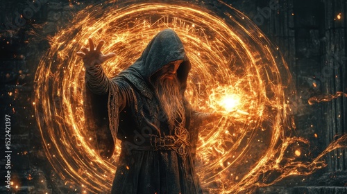 Mysterious sorcerer casting spells in an enchanting forest during a twilight ritual