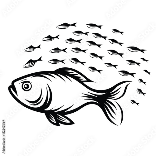 Black and White Fish School Illustration, Decorative Fishes Swimming Together Pattern