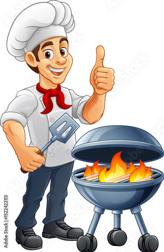 A chef cartoon barbecue cook out brazier cook man giving thumbs up and holding a BBQ spatula mascot character illustration