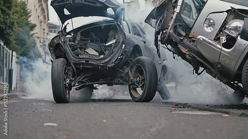 A dramatic city street scene showing the immediate aftermath of a serious car collision