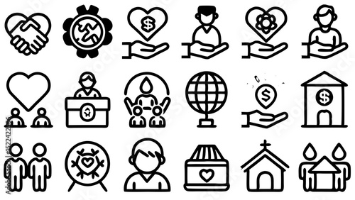 Collection of hand-drawn black and white icons representing charity giving generosity and financial support for various causes.