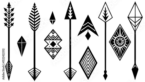 Collection of decorative hand drawn black and white arrows and geometric shapes in tribal or bohemian style design elements