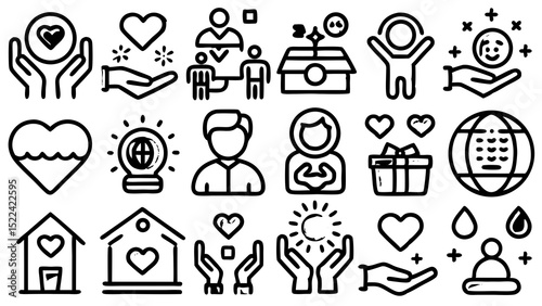 Hand drawn doodle icons representing concepts like helping sharing giving love kindness and community on a white background