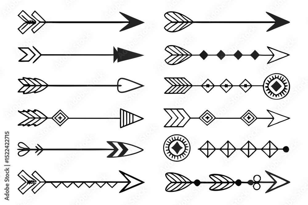 Fototapeta premium Vector set of decorative tribal arrows in black and white styles for design projects and creative applications