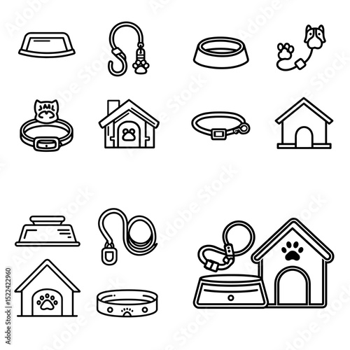 Pet care outline icons featuring collars, houses, food bowls, and leashes—perfect for pet shops, veterinary services, and animal product packaging.

