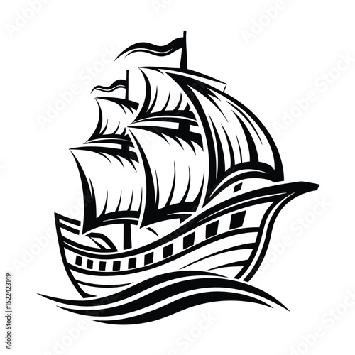 Silhouette of Black Elegant Tall Ship, Boat, Vessel Isolated on White