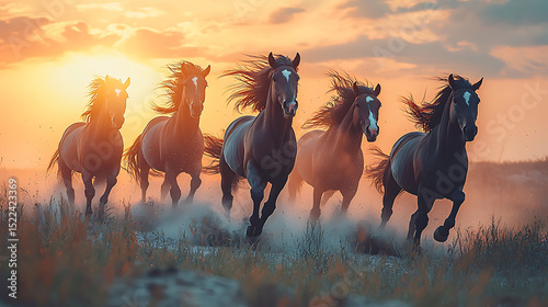 Majestic herd of dark horses galloping at sunset, creating a powerful and evocative image of freedom, wildness, and untamed beauty.