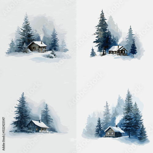Beautiful watercolor illustrations of cozy winter cabins surrounded by pine trees and snow—perfect for holiday cards, winter decor, and seasonal design projects.

