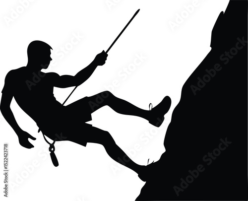 Silhouette of a Rock Climber Rappelling Down a Cliff with Rope and Safety Equipment