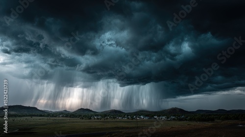A High Resolution image of dramatic stormy sky with dark clouds and heavy rain pouring down over a landscape.