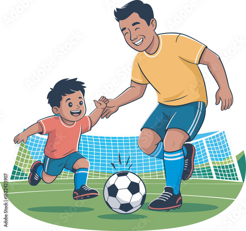father and son playing soccer