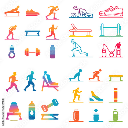 Colorful gradient fitness icons featuring dynamic athletes, water bottles, shoes, and gym gear—ideal for health apps, sports infographics, and exercise content.

