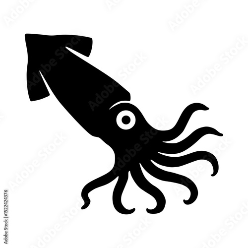 Side-view squid icon — clean black vector with long tentacles and visible eye