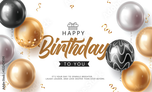 Elegant Birthday Clipart Card with Floating Balloons and Festive Gold Ribbons. Minimalist Birthday Greeting with White, Black and Gold Balloons on White Background Vector Illustration.