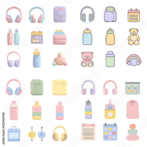 Pastel baby care and toddler essentials icon set, including headphones, bottles, toys, and calendars—ideal for baby stores, parenting blogs, and nursery themes.

