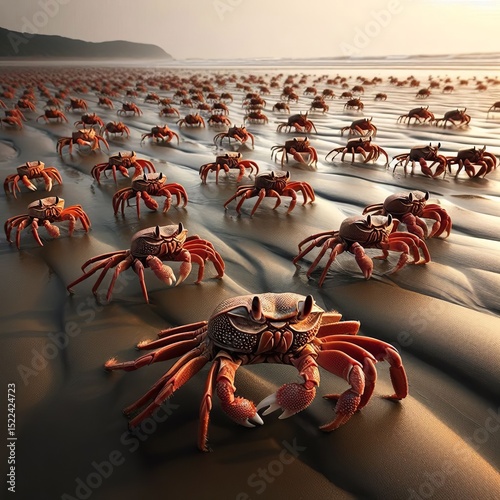A group of crabs scuttling sideways over wet sand at low tide