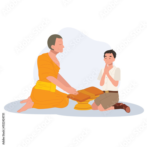 A Thai student boy offers a bathing robe to a monk during Buddhist Lent