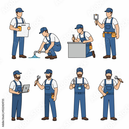 Plumber man worker characters repair service collection