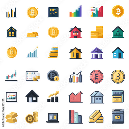 Cryptocurrency and investment icon pack with bitcoin, graphs, property, and gold bars—perfect for fintech platforms, crypto markets, and financial planning tools.

