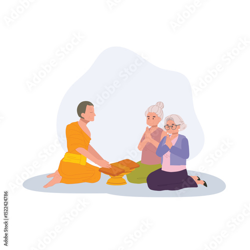 thai buddhist tradition elderly woman offering robe to monk on buddhist lent day