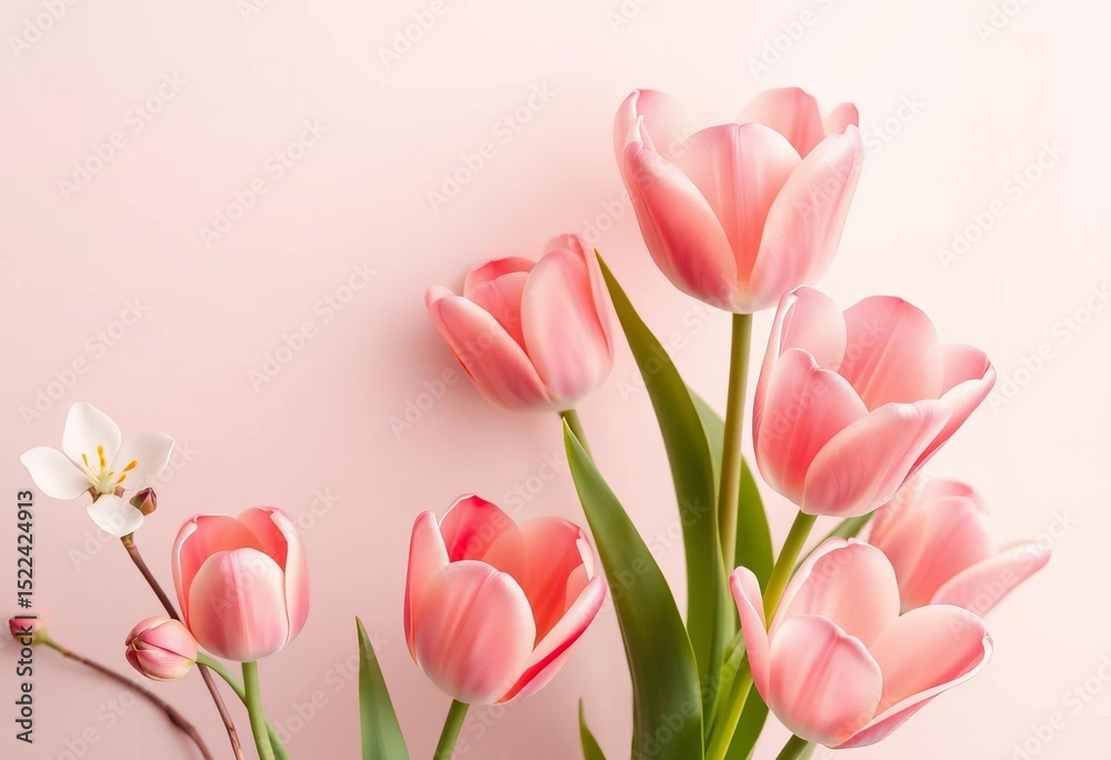 Obraz premium Minimalist peach blossom & tulip banner design Spring, Mother's Day, Women's Day, Grandma's Day, birthday, white, spring