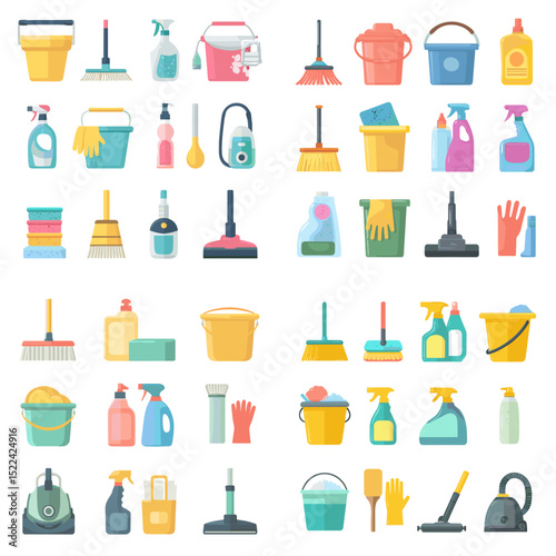 Set of colorful cleaning equipment and hygiene tool icons, great for sanitation campaigns, housekeeping services, or hygiene-related educational content.

