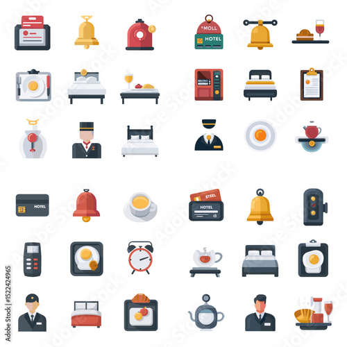 Hotel service and room icon set with bells, beds, staff, breakfast, teapots, cards, and check-in signs. Great for travel, hospitality, and lodging visuals.

