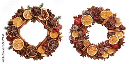 Decorative holiday wreath made with dried citrus fruits, spices, and seasonal elements, creating a vibrant and festive atmosphere