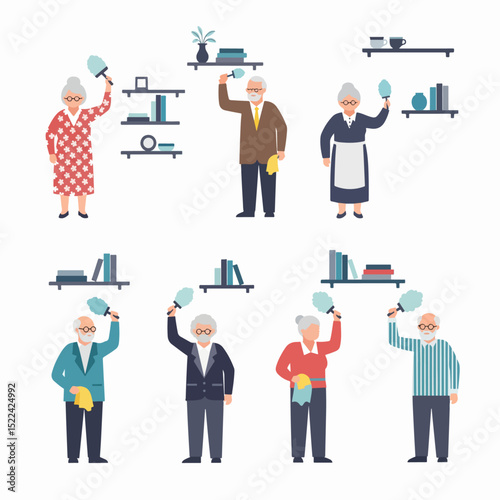 Senior people dusting shelves at home