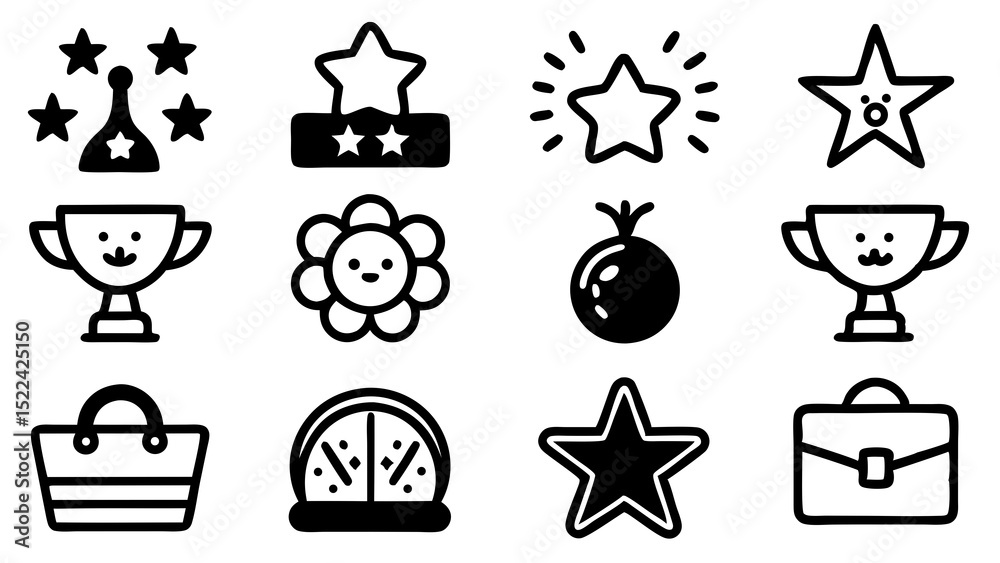 Naklejka premium Collection of black and white doodle style icons featuring stars trophies flowers and other illustrated symbols