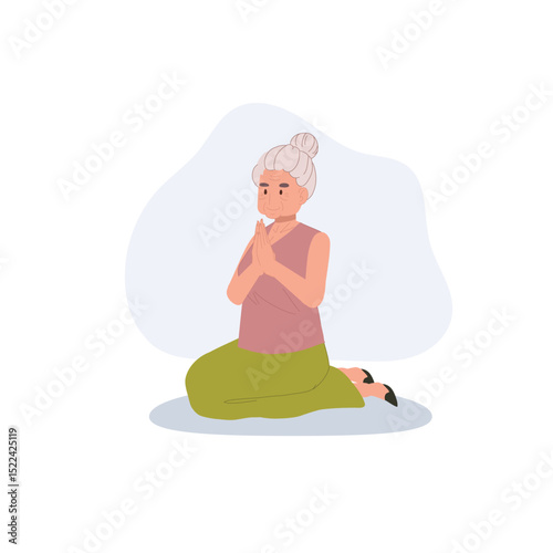 elderly woman praying. buddhist tradition thailand culture asian senior woman meditation.