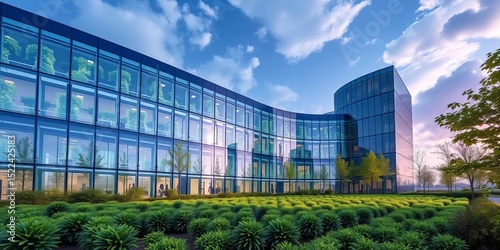 Modern glass biotech center, lush green landscape,   plant,   garden