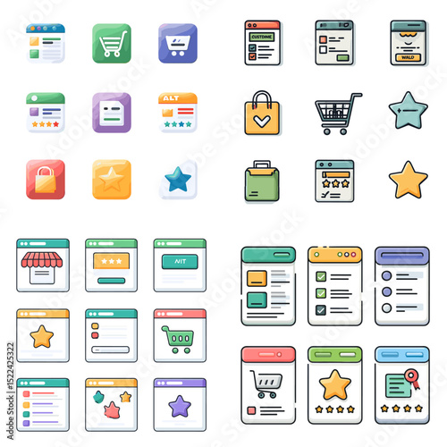 E-commerce interface icon set featuring shopping carts, product reviews, star ratings, wishlists, and checkout screens. Ideal for UI design, apps, and online store platforms.

 