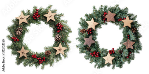 Two decorative Christmas wreaths featuring pinecones, red berries, and wooden stars on a white background