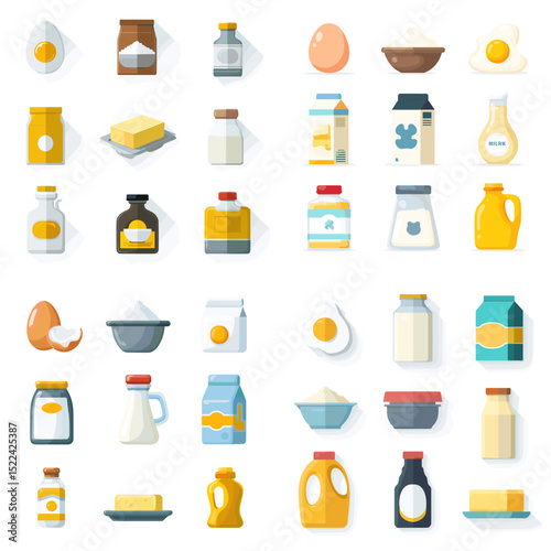 Flat kitchen ingredient vector set featuring eggs, milk, butter, cream, and sauces in bottles, cartons, and bowls. Great for food blogs, cooking apps, and grocery visuals.


