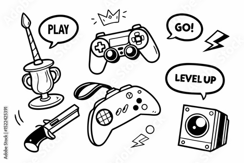 Hand drawn gaming elements illustration featuring controller, trophy, and speech bubbles suitable for digital design projects