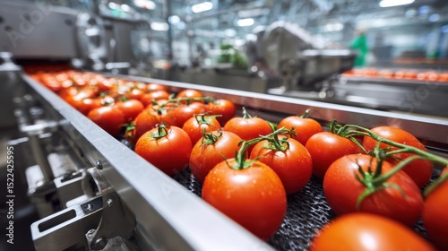 A High Resolution image of ripe tomatoes on a conveyor belt being processed in a modern food production factory.