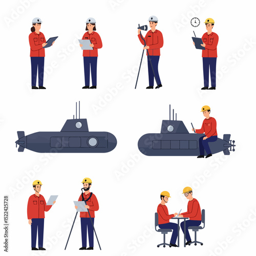 Naval engineers inspecting submarine construction and planning work