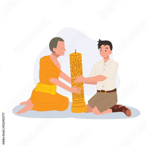 A young Thai student offers a candle to a monk during Khao Phansa at a temple