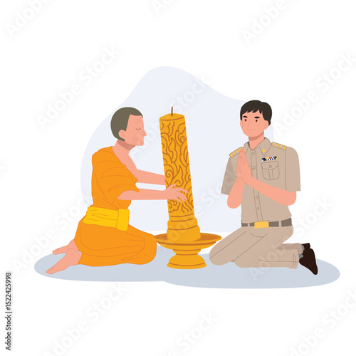 man in government uniform offering large lent candle to buddhist monk