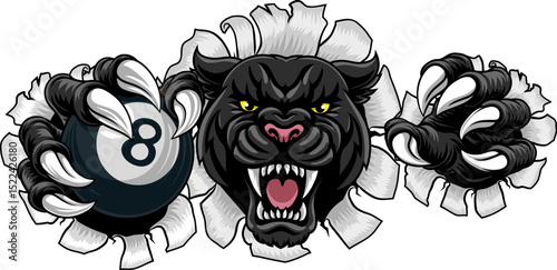 Black panther leopard or jaguar cat pool billiards sports team mascot holding a black 8 billard ball