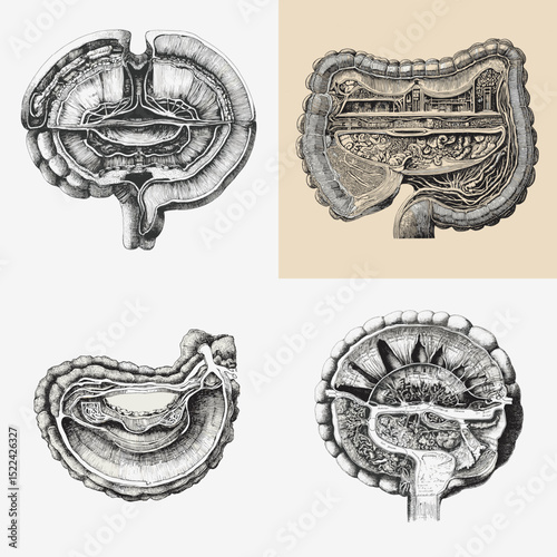 Vintage scientific digestive system illustrations with detailed anatomical cross-sections. Ideal for medical research, textbooks, and biology education.

